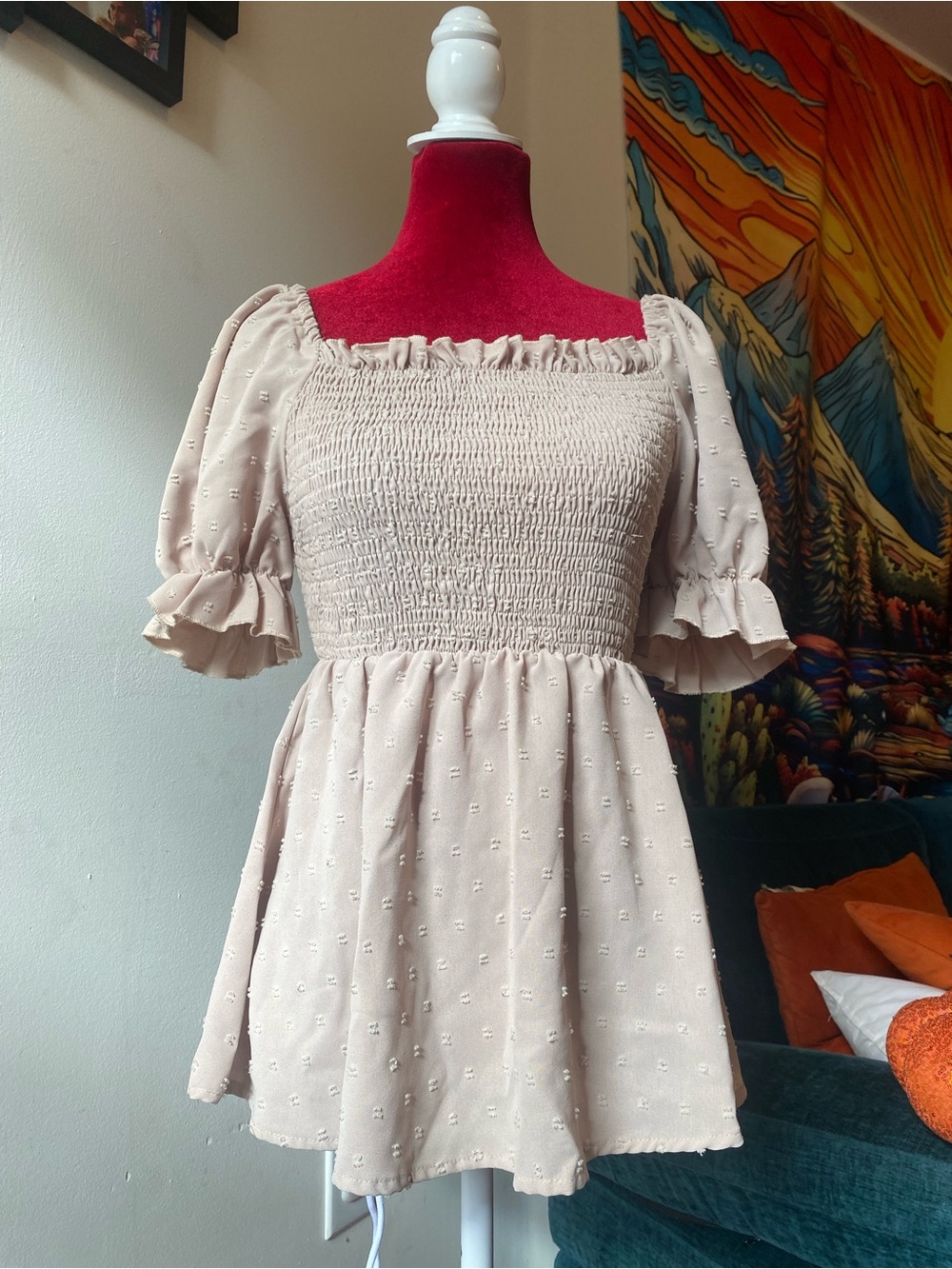 Loness Cream Smocked Square-Neck Peplum Tunic